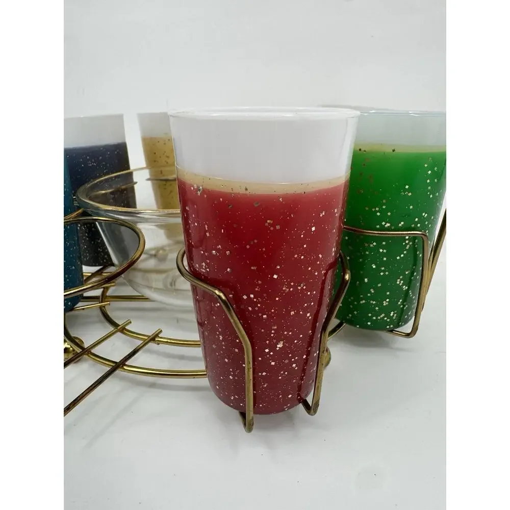 Galamite Glitter Fire King Glass 7 Tumbler Set With Caddy and Ice Bowl